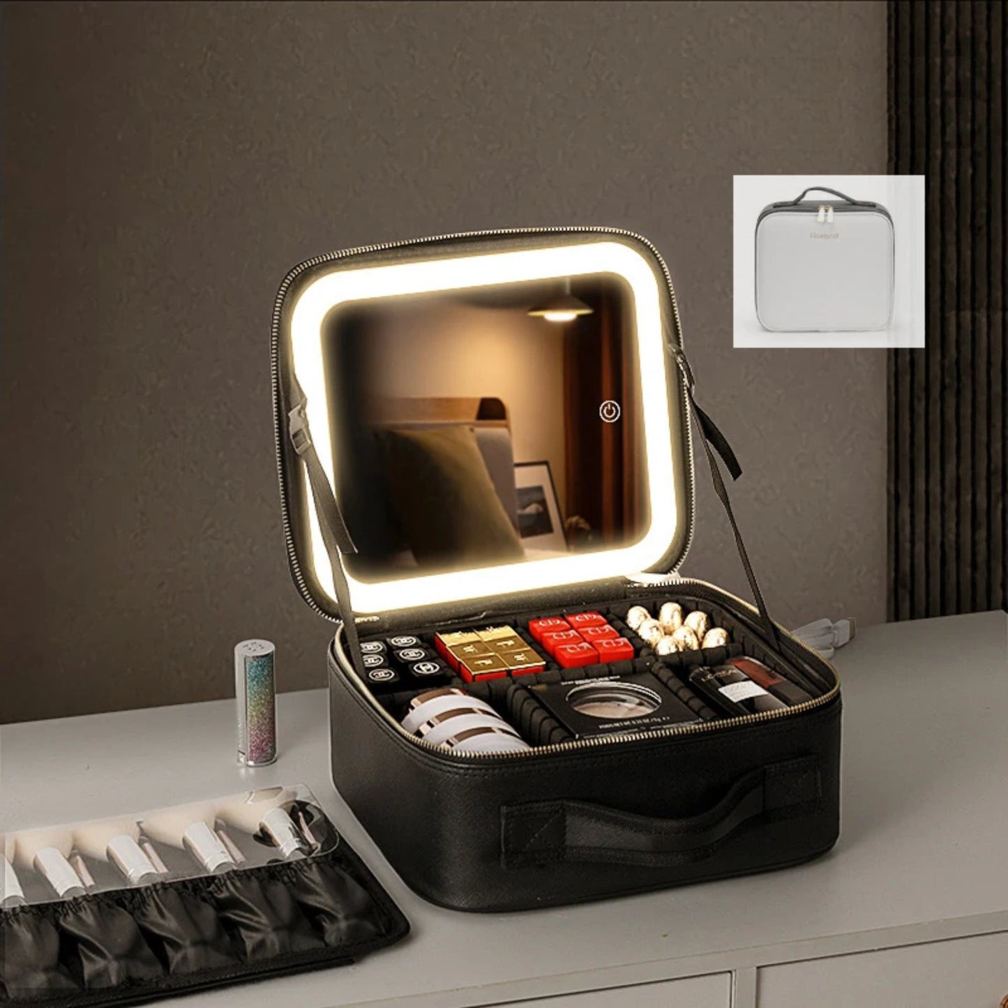 Makeup case with mirror and LED light