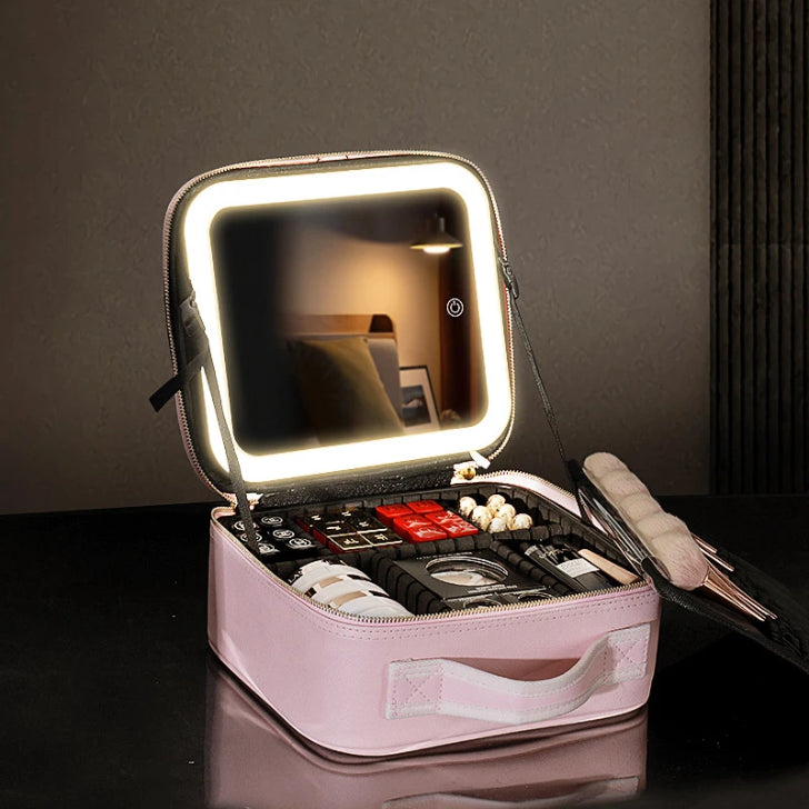Makeup case with mirror and LED light
