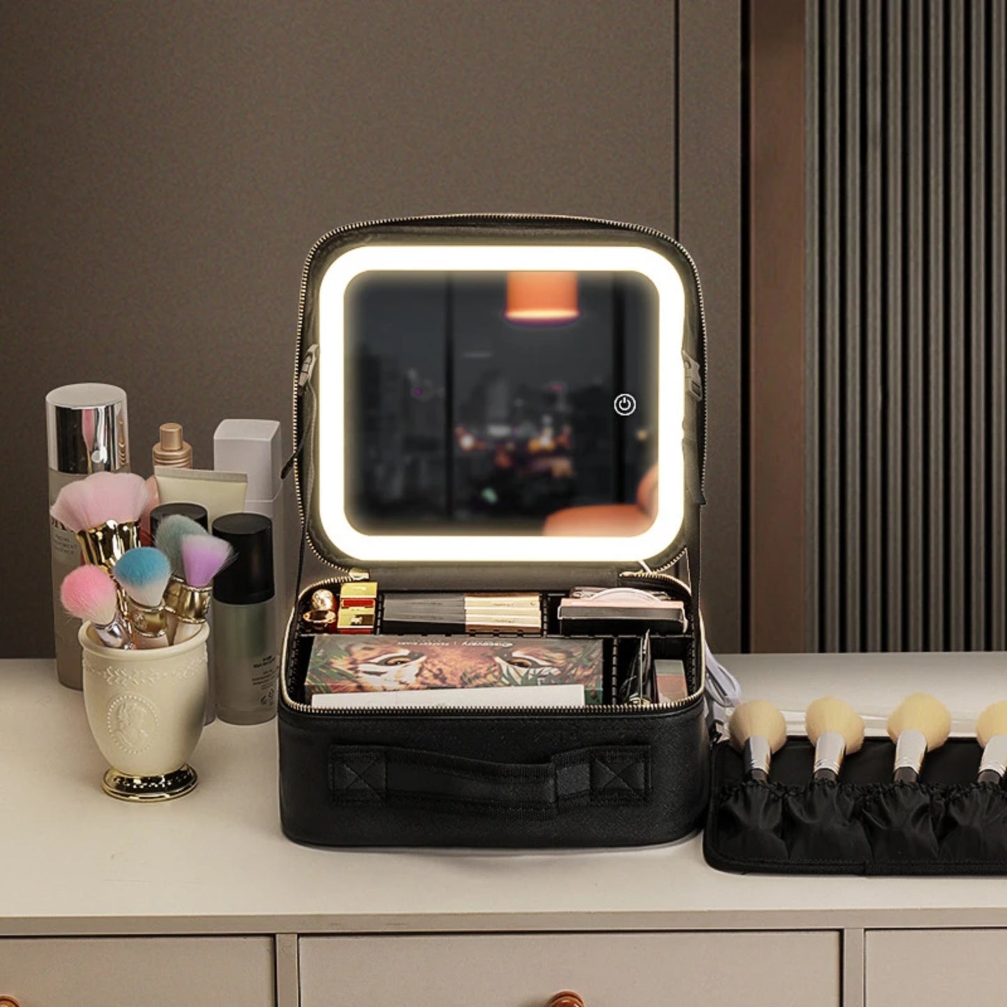 Makeup case with mirror and LED light